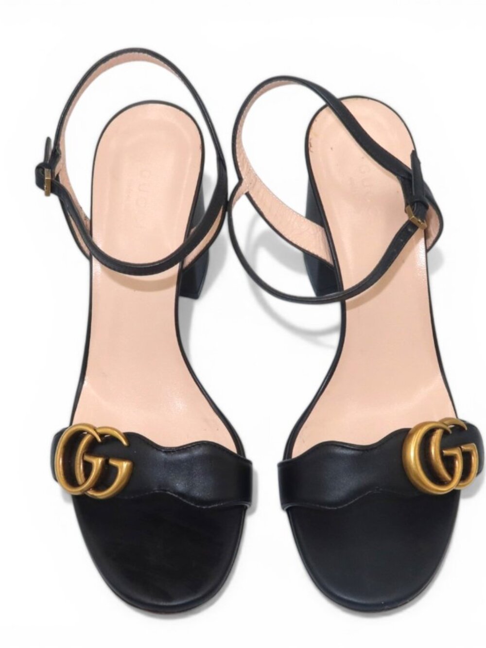 Gucci GG Marmont Ankle Strap Sandals Black Leather Block Heel Size 38 Authentic - Picture 2 of 11